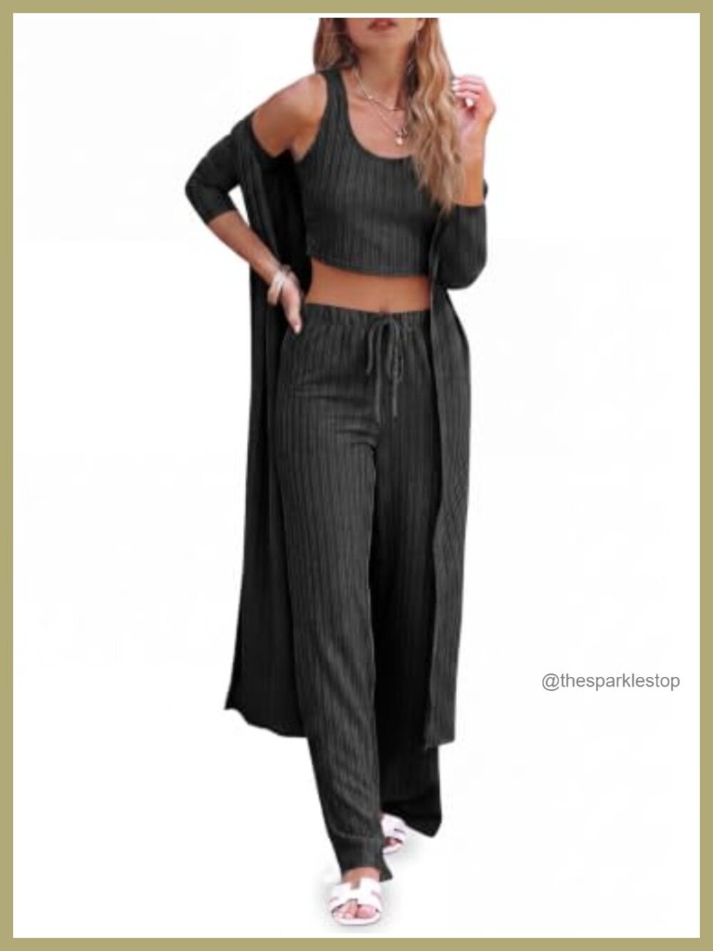 Womens 3 Piece Lounge Set Scoop Neck Crop Tank Wide Leg Pants Cardigan